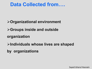 Data Collected from….
Organizational environment
Groups inside and outside
organization
Individuals whose lives are shaped
by organizations
Sayed Izharul Hasnain
 