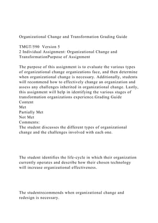 Organizational Change and Transformation Grading Guide
TMGT/590 Version 5
2 Individual Assignment: Organizational Change and
TransformationPurpose of Assignment
The purpose of this assignment is to evaluate the various types
of organizational change organizations face, and then determine
when organizational change is necessary. Additionally, students
will recommend how to effectively change an organization and
assess any challenges inherited in organizational change. Lastly,
this assignment will help in identifying the various stages of
transformation organizations experience.Grading Guide
Content
Met
Partially Met
Not Met
Comments:
The student discusses the different types of organizational
change and the challenges involved with each one.
The student identifies the life-cycle in which their organization
currently operates and describe how their chosen technology
will increase organizational effectiveness.
The studentrecommends when organizational change and
redesign is necessary.
 