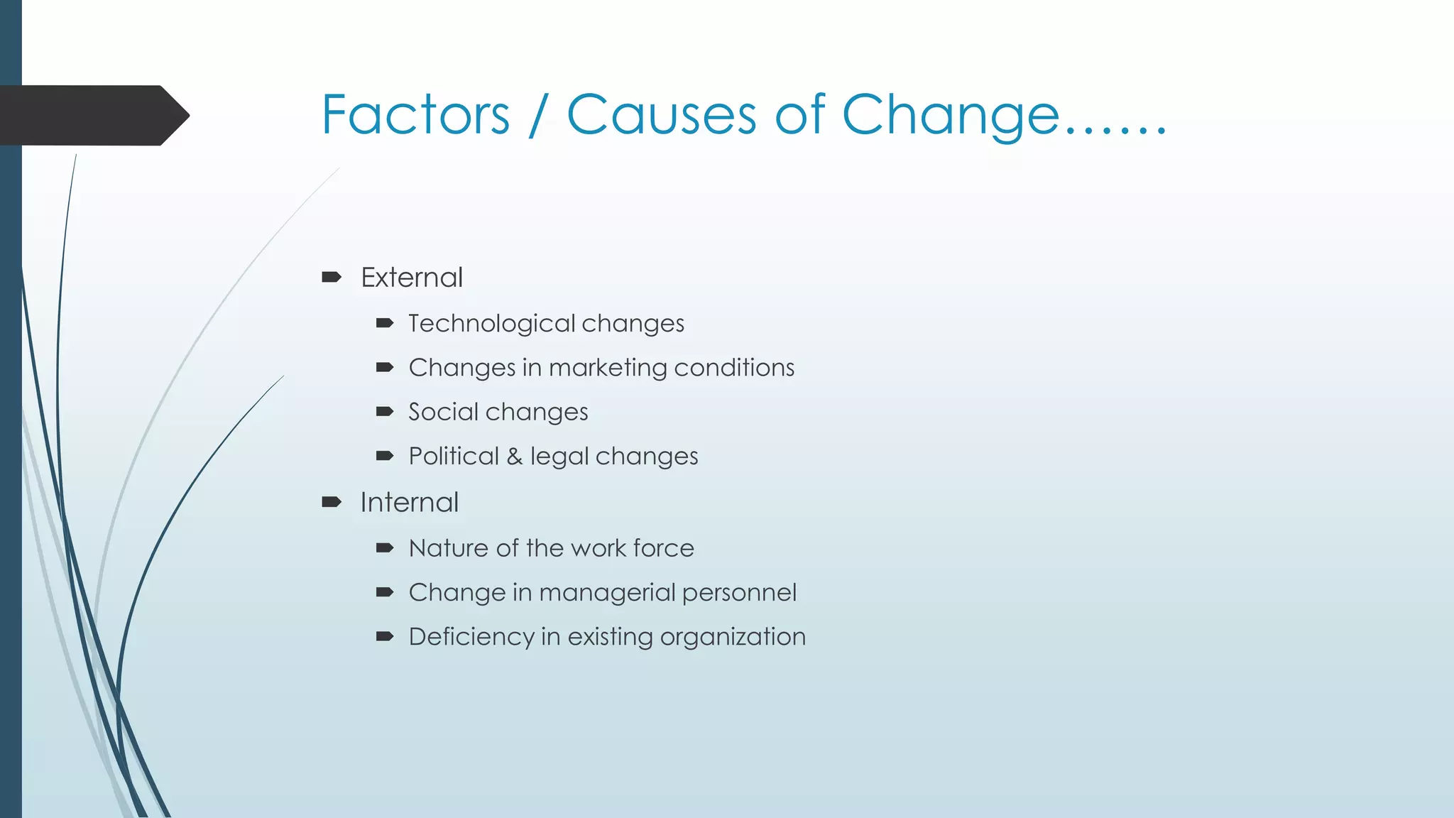 Factors / Causes of Change……
 External
 Technological changes
 Changes in marketing conditions
 Social changes
 Political & legal changes
 Internal
 Nature of the work force
 Change in managerial personnel
 Deficiency in existing organization
 