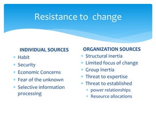 Resistance to change
INDIVIDUAL SOURCES
 Habit
 Security
 Economic Concerns
 Fear of the unknown
 Selective information
processing
ORGANIZATION SOURCES
 Structural inertia
 Limited focus of change
 Group inertia
 Threat to expertise
 Threat to established
 power relationships
 Resource allocations
 