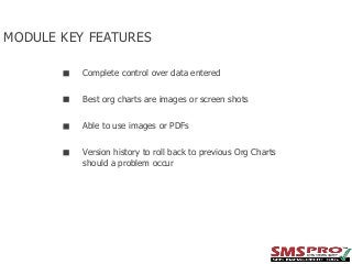 MODULE KEY FEATURES
Complete control over data entered
Best org charts are images or screen shots
Able to use images or PDFs
Version history to roll back to previous Org Charts
should a problem occur

 