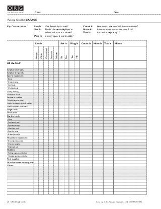 26 ORG Design Guide Do not copy. © 2006 Windquest Companies Inc. 03/06 CONFIDENTIAL
HOME ORGANIZATION REDEFINED
TM
Planning Checklist: GARAGE
Use It See It Plug It Count It Move It Toss It Notes
All the Stuff
Surplus beverages
Surplus dry goods
Sports equipment
• Bikes
• Kayaks/canoes
• Golf clubs
• Clothing/pads
• Dirty clothing
• Skis/boots/shoes
Seasonal clothes
Trash/recycle bins
Lawn mower/snow blower
Grill/outdoor cookers
Large tools
Small tools
Garden tools
• Hose
• Fertilizers/sprays
• Spreader/sprayer
• Handheld tools
• Pots/dirt/seed
• Rake(s)/shovel(s)
Household equipment
• Broom(s)/vacuum(s)
• Cleaning supplies
• Sink/wash tub
Hobbies
• Fishing equipment/clothes
• Hunting equipment/clothes
Pool supplies
Vehicle maintenance supplies
Other:
Always
Often
Occasional
Seasonal
Seldom
Yes
No
Yes
No
Client: Date:
Key Considerations Use It How frequently is it used?
See It Should it be visible/displayed or
behind a door or in a drawer?
Plug It Does it require a nearby outlet?
Count It How many items need to be accommodated?
Move It Is there a more appropriate place for it?
Toss It Is it time to dispose of it?
 