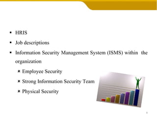 HRIS Job descriptions Information Security Management System (ISMS) within  the organization Employee Security Strong Information Security Team Physical Security 