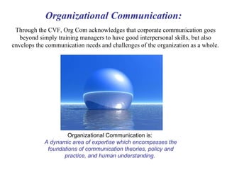 Organizational Communication: Through the CVF, Org Com acknowledges that corporate communication goes beyond simply training managers to have good interpersonal skills, but also envelops the communication needs and challenges of the organization as a whole. Organizational Communication is:  A dynamic area of expertise which encompasses the foundations of communication theories, policy and practice, and human understanding.   
