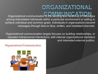 Organizational communication is the sending and receiving of messages
among interrelated individuals within a particular environment or setting to
achieve individual and common goals. Individuals in organizations transmit
messages through face-to face, written, and mediated channels.
Organizational communication largely focuses on building relationships, or
repeated interpersonal interactions, with internal organizational members
and interested external publics.
 