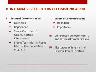 D. INTERNAL VERSUS EXTERNAL COMMUNICATION
I. Internal Communication
 Definition
 Importance
 Study: Outcome of
Communication
Effectiveness
 Study: Top 4 Most Effective
Internal Communication
Programs
II. External Communication
 Definition
 Importance
III. Comparison between Internal
and External Communication
IV. Illustration of Internal and
External Communication
 