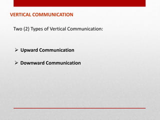 VERTICAL COMMUNICATION
 Upward Communication
Two (2) Types of Vertical Communication:
 Downward Communication
 