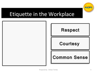Etiquette in the WorkplaceEtiquette in the Workplace
RespectRespectRespectRespect
CourtesyCourtesyCourtesyCourtesy
Common SenseCommon SenseCommon SenseCommon Sense
Prepared by - Omkar Tembe 3
 