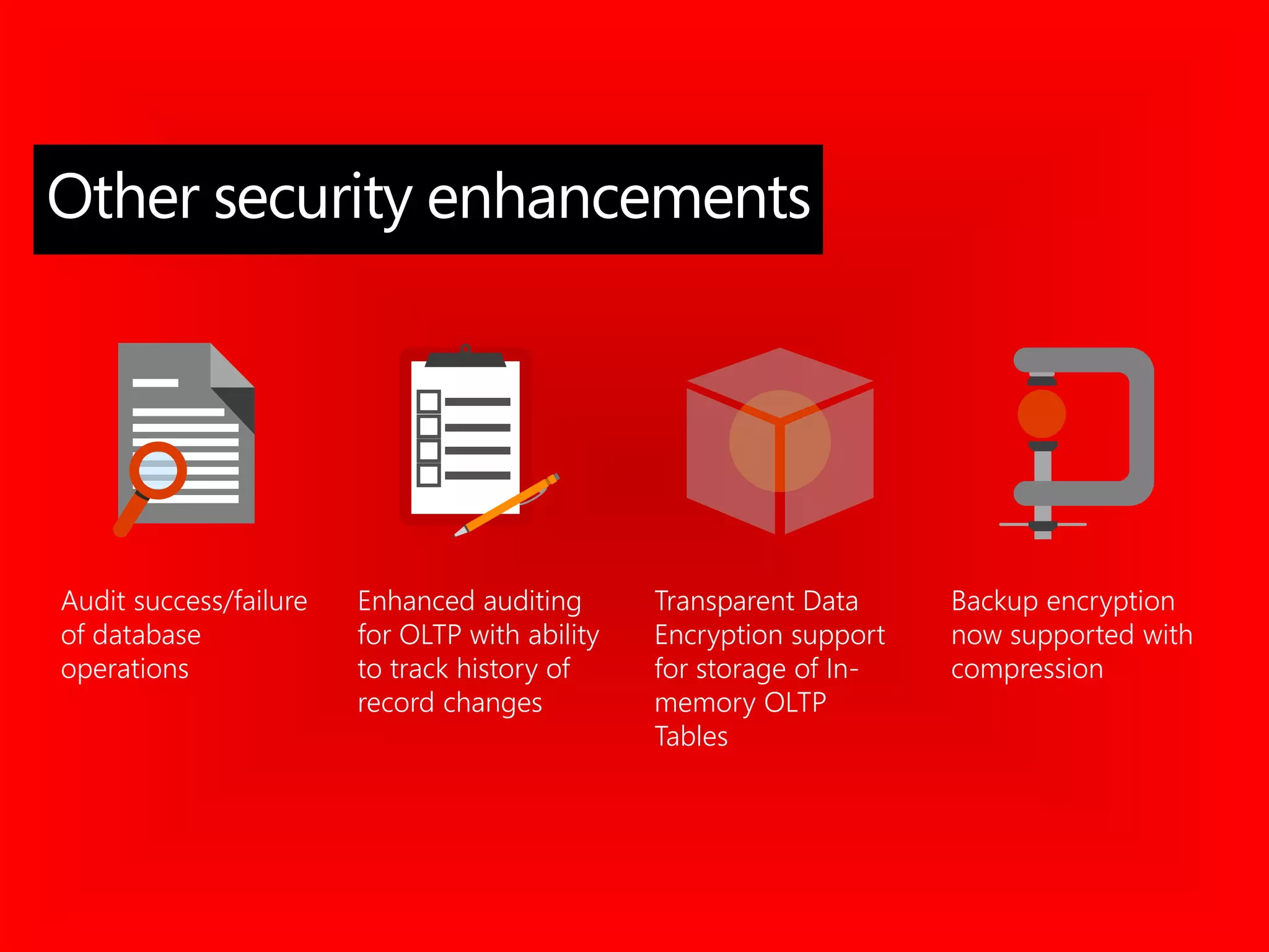 Audit success/failure
of database
operations
Enhanced auditing
for OLTP with ability
to track history of
record changes
Transparent Data
Encryption support
for storage of In-
memory OLTP
Tables
Backup encryption
now supported with
compression
Other security enhancements
 