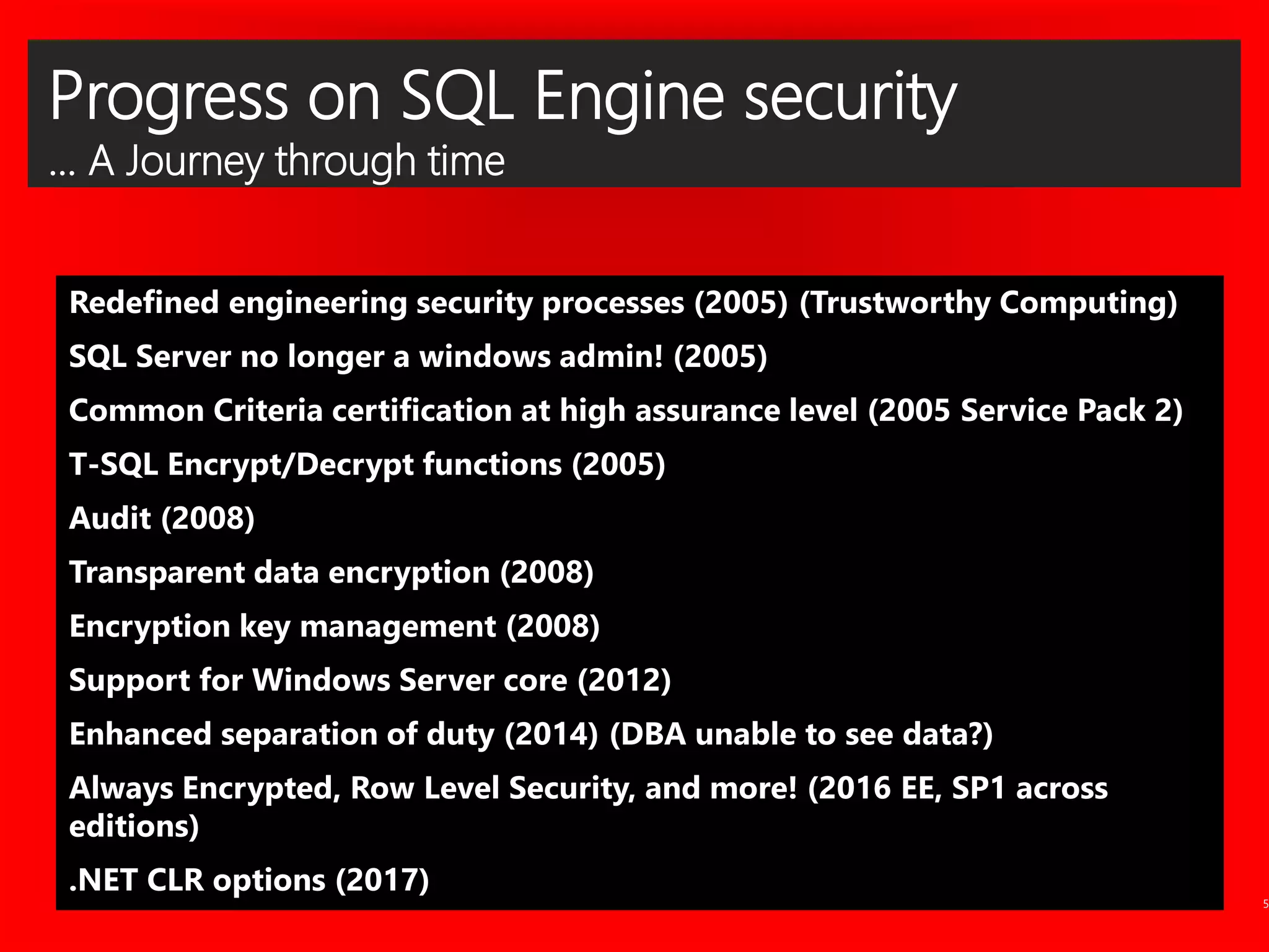Progress on SQL Engine security
… A Journey through time
5
 