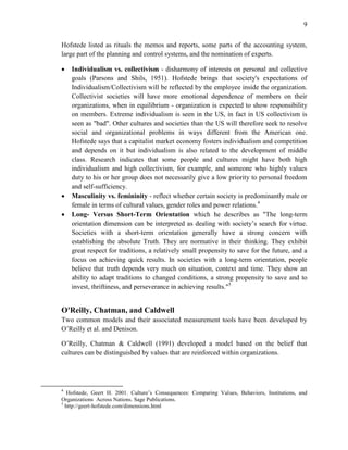 9
Hofstede listed as rituals the memos and reports, some parts of the accounting system,
large part of the planning and control systems, and the nomination of experts.
 Individualism vs. collectivism - disharmony of interests on personal and collective
goals (Parsons and Shils, 1951). Hofstede brings that society's expectations of
Individualism/Collectivism will be reflected by the employee inside the organization.
Collectivist societies will have more emotional dependence of members on their
organizations, when in equilibrium - organization is expected to show responsibility
on members. Extreme individualism is seen in the US, in fact in US collectivism is
seen as "bad". Other cultures and societies than the US will therefore seek to resolve
social and organizational problems in ways different from the American one.
Hofstede says that a capitalist market economy fosters individualism and competition
and depends on it but individualism is also related to the development of middle
class. Research indicates that some people and cultures might have both high
individualism and high collectivism, for example, and someone who highly values
duty to his or her group does not necessarily give a low priority to personal freedom
and self-sufficiency.
 Masculinity vs. femininity - reflect whether certain society is predominantly male or
female in terms of cultural values, gender roles and power relations.4
 Long- Versus Short-Term Orientation which he describes as "The long-term
orientation dimension can be interpreted as dealing with society’s search for virtue.
Societies with a short-term orientation generally have a strong concern with
establishing the absolute Truth. They are normative in their thinking. They exhibit
great respect for traditions, a relatively small propensity to save for the future, and a
focus on achieving quick results. In societies with a long-term orientation, people
believe that truth depends very much on situation, context and time. They show an
ability to adapt traditions to changed conditions, a strong propensity to save and to
invest, thriftiness, and perseverance in achieving results."5
O'Reilly, Chatman, and Caldwell
Two common models and their associated measurement tools have been developed by
O’Reilly et al. and Denison.
O’Reilly, Chatman & Caldwell (1991) developed a model based on the belief that
cultures can be distinguished by values that are reinforced within organizations.
4
Hofstede, Geert H. 2001. Culture’s Consequences: Comparing Values, Behaviors, Institutions, and
Organizations Across Nations. Sage Publications.
5
http://geert-hofstede.com/dimensions.html
 