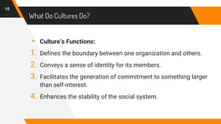 What Do Cultures Do?
▸ Culture’s Functions:
1. Defines the boundary between one organization and others.
2. Conveys a sense of identity for its members.
3. Facilitates the generation of commitment to something larger
than self-interest.
4. Enhances the stability of the social system.
10
 