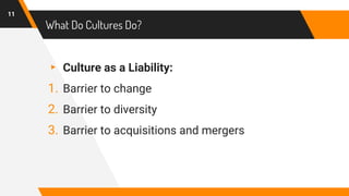 What Do Cultures Do?
▸ Culture as a Liability:
1. Barrier to change
2. Barrier to diversity
3. Barrier to acquisitions and mergers
11
 
