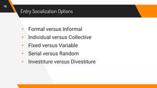 Entry Socialization Options
• Formal versus Informal
• Individual versus Collective
• Fixed versus Variable
• Serial versus Random
• Investiture versus Divestiture
16
 