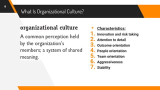 What Is Organizational Culture?
▸ Characteristics:
1. Innovation and risk taking
2. Attention to detail
3. Outcome orientation
4. People orientation
5. Team orientation
6. Aggressiveness
7. Stability
6
 