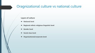 Oragnizational culture vs national culture
Layers of culture
 National level
 Regional-ethnic-religious-linguistic level
 Gender level
 Social class level
 Organizational/corporate level
 