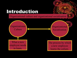 Introduction
Organizational
Culture
Organizational
Socialization
What a new
employee needs
to learn.
The process by which
a new employee
learns the culture.
Organizational culture and organizational socialization
 