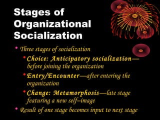Stages of
Organizational
Socialization
• Three stages of socialization
•Choice: Anticipatory socialization—
before joining the organization
•Entry/Encounter—after entering the
organization
•Change: Metamorphosis—late stage
featuring a new self–image
• Result of one stage becomes input to next stage
 