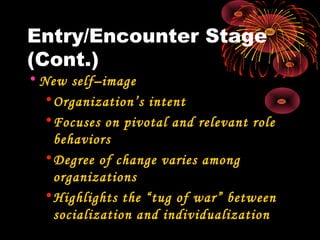 Entry/Encounter Stage
(Cont.)
• New self–image
•Organization’s intent
•Focuses on pivotal and relevant role
behaviors
•Degree of change varies among
organizations
•Highlights the “tug of war” between
socialization and individualization
 