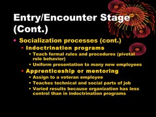 Entry/Encounter Stage
(Cont.)
• Socialization processes (cont.)
• Indoctrination programs
• Teach formal rules and procedures (pivotal
role behavior)
• Uniform presentation to many new employees
• Apprenticeship or mentoring
• Assign to a veteran employee
• Teaches technical and social parts of job
• Varied results because organization has less
control than in indoctrination programs
 