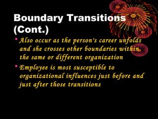 Boundary Transitions
(Cont.)
• Also occur as the person's career unfolds
and she crosses other boundaries within
the same or different organization
• Employee is most susceptible to
organizational influences just before and
just after those transitions
 