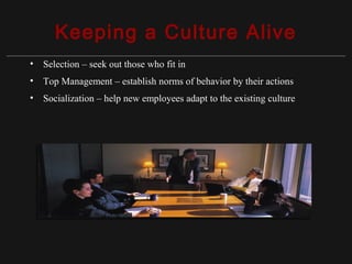 Copyright ©2010 Pearson Education, Inc. Publishing as Prentice Hall 15-11
Keeping a Culture Alive
• Selection – seek out those who fit in
• Top Management – establish norms of behavior by their actions
• Socialization – help new employees adapt to the existing culture
 