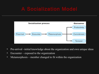 Copyright ©2010 Pearson Education, Inc. Publishing as Prentice Hall 15-12
A Socialization Model
• Pre-arrival –initial knowledge about the organization and own unique ideas
• Encounter – exposed to the organization
• Metamorphosis – member changed to fit within the organization
 
