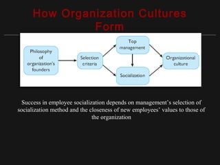 Copyright ©2010 Pearson Education, Inc. Publishing as Prentice Hall 15-14
How Organization Cultures
Form
Success in employee socialization depends on management’s selection of
socialization method and the closeness of new employees’ values to those of
the organization
 