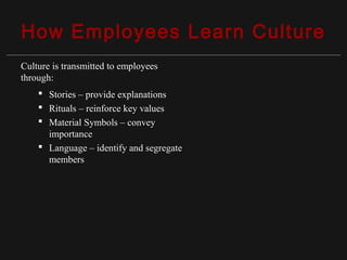 Copyright ©2010 Pearson Education, Inc. Publishing as Prentice Hall 15-15
How Employees Learn Culture
Culture is transmitted to employees
through:
 Stories – provide explanations
 Rituals – reinforce key values
 Material Symbols – convey
importance
 Language – identify and segregate
members
 