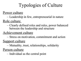 Typologies of Culture Power culture Leadership in few, entrepreneurial in nature Role culture  Clearly defined roles and rules, power balanced between the leadership and structure Achievement culture Stress on motivation, commitment and action Support culture Mutuality, trust, relationships, solidarity Person culture Individual as the central point 
