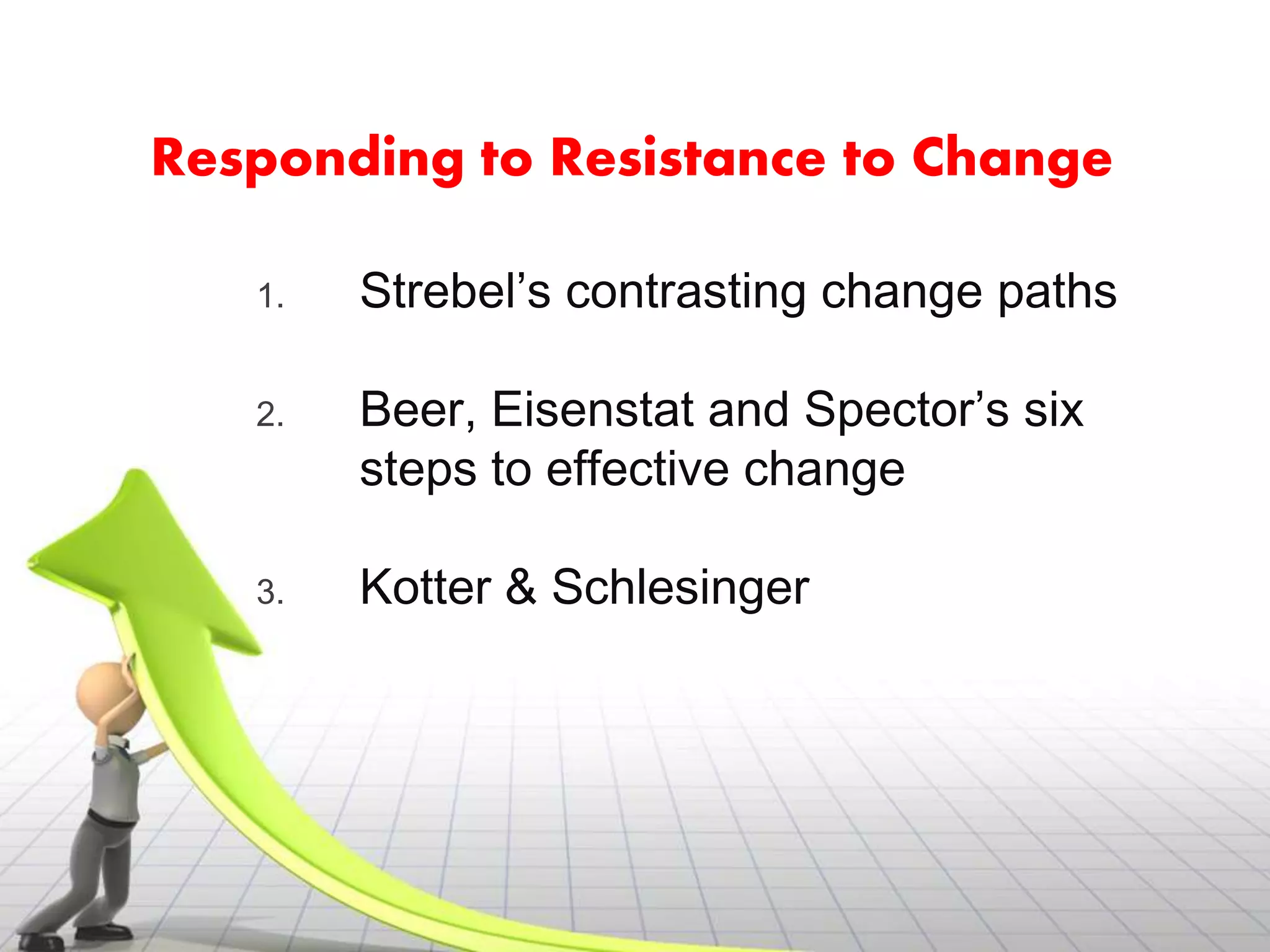 Responding to Resistance to Change

   1.   Strebel’s contrasting change paths

   2.   Beer, Eisenstat and Spector’s six
        steps to effective change

   3.   Kotter & Schlesinger
 