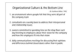 Organizational Culture & the Bottom Line
                                            - Dr. Kathleen Miller, 1992
1. an environment where people felt that they were all part of
   the company team

2. consultants on a weekly basis to address their interpersonal
   and relationship issues

3. owners committed to spending time on the shop floor each
   day listening to employees about their vision for the company
   and how the employees fit into that vision

4. daily communications meetings for discussing their opinions
   and differences behind closed doors rather than in public
 