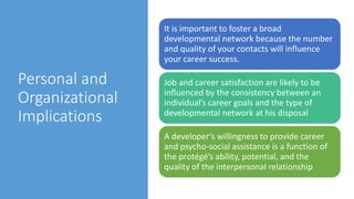 Personal and
Organizational
Implications
It is important to foster a broad
developmental network because the number
and qu...