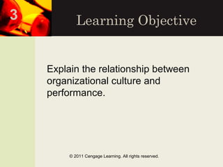 Learning Objective
Explain the relationship between
organizational culture and
performance.
© 2011 Cengage Learning. All rights reserved.
3
 