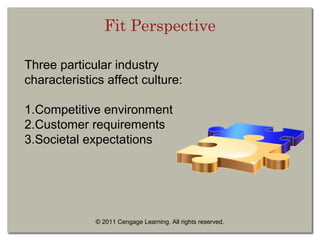 © 2011 Cengage Learning. All rights reserved.
Three particular industry
characteristics affect culture:
1.Competitive environment
2.Customer requirements
3.Societal expectations
Fit Perspective
 