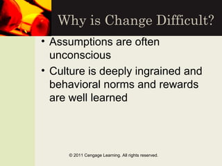 Why is Change Difficult?
© 2011 Cengage Learning. All rights reserved.
• Assumptions are often
unconscious
• Culture is deeply ingrained and
behavioral norms and rewards
are well learned
 