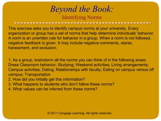 © 2011 Cengage Learning. All rights reserved.
Beyond the Book:
Identifying Norms
This exercise asks you to identify campus norms at your university. Every
organization or group has a set of norms that help determine individuals’ behavior.
A norm is an unwritten rule for behavior in a group. When a norm is not followed,
negative feedback is given. It may include negative comments, stares,
harassment, and exclusion.
1. As a group, brainstorm all the norms you can think of in the following areas:
Dress Classroom behavior; Studying; Weekend activities; Living arrangements;
Campus activities; Dating; Relationships with faculty; Eating on campus versus off
campus; Transportation
2. How did you initially get this information?
3. What happens to students who don’t follow these norms?
4. What values can be inferred from these norms?
 