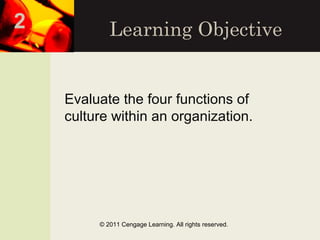 Learning Objective
Evaluate the four functions of
culture within an organization.
© 2011 Cengage Learning. All rights reserved.
2
 