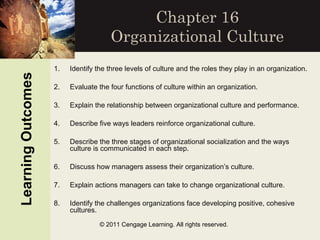 © 2011 Cengage Learning. All rights reserved.
Chapter 16
Organizational Culture
LearningOutcomes
1. Identify the three levels of culture and the roles they play in an organization.
2. Evaluate the four functions of culture within an organization.
3. Explain the relationship between organizational culture and performance.
4. Describe five ways leaders reinforce organizational culture.
5. Describe the three stages of organizational socialization and the ways
culture is communicated in each step.
6. Discuss how managers assess their organization’s culture.
7. Explain actions managers can take to change organizational culture.
8. Identify the challenges organizations face developing positive, cohesive
cultures.
 