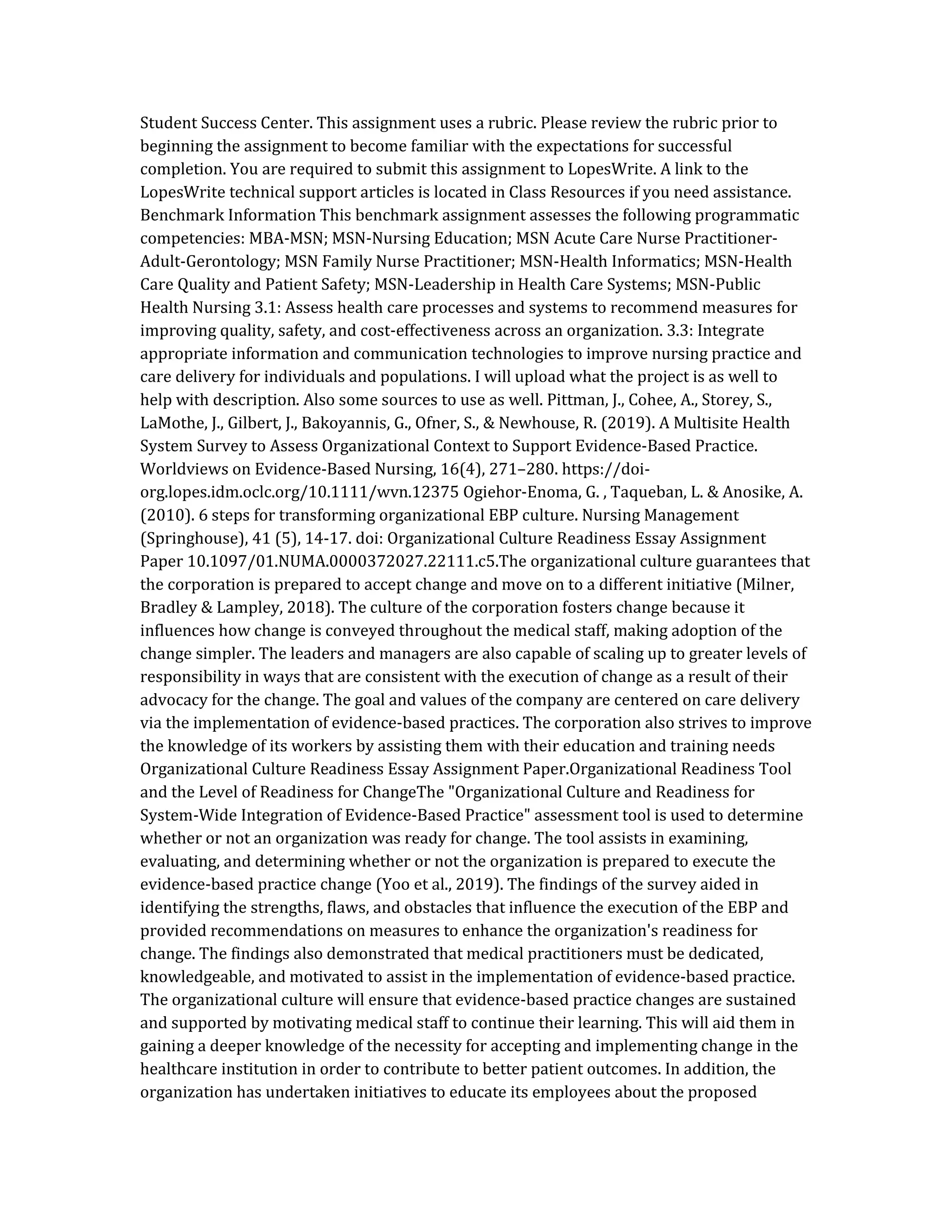 Orgizational Paper Organizational Culture Readiness Essay Assignment Paper.docx