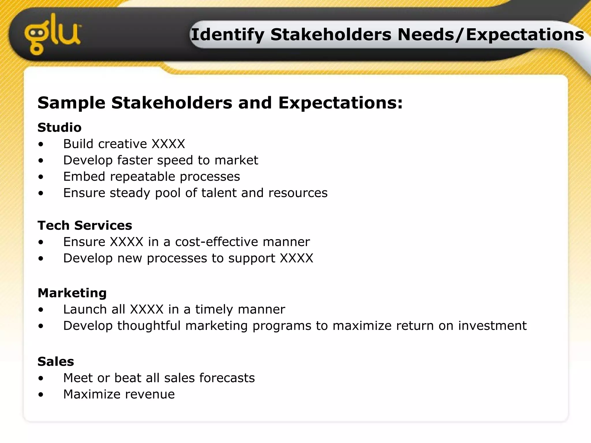 Identify Stakeholders Needs/Expectations Sample Stakeholders and Expectations: Studio Build creative XXXX Develop faster speed to market Embed repeatable processes Ensure steady pool of talent and resources Tech Services Ensure XXXX in a cost-effective manner Develop new processes to support XXXX Marketing Launch all XXXX in a timely manner Develop thoughtful marketing programs to maximize return on investment Sales Meet or beat all sales forecasts Maximize revenue 