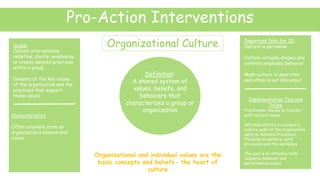Pro-Action Interventions
Organizational Culture
Definition:
A shared system of
values, beliefs, and
behaviors that
characterizes a group or
organization
Scope:
Culture interventions
redefine, clarify, emphasize
or create desired practices
within a group
Consists of the key values
of the organization and the
practices that support
those values
Characteristics:
Often originate from an
organization’s mission and
vision
Important Info for ID:
Culture is pervasive
Culture virtually shapes and
controls employee behavior
Most culture is unwritten
and often is not discussed
Organizational and individual values are the
basic concepts and beliefs- the heart of
culture
Implementation Tips and
Tricks:
Practitioner should be familiar
with cultural issues.
Will lead efforts to conduct a
culture audit of the organization
using an Analysis Procedure,
Focusing on workers, work
processes and the workplace
The goal is to influence both
employee behavior and
performance output
 