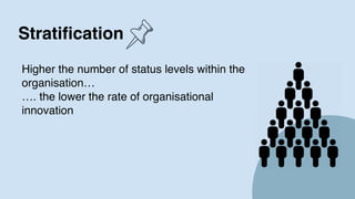 Stratification
6
Higher the number of status levels within the
organisation…
…. the lower the rate of organisational
innovation
 