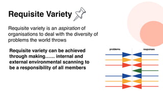 Requisite variety is an aspiration of
organisations to deal with the diversity of
problems the world throws
Requisite Variety
Requisite variety can be achieved
through making…… internal and
external environmental scanning to
be a responsibility of all members
 