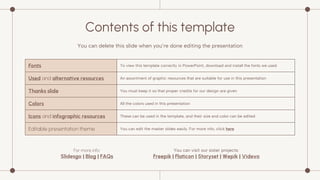 Contents of this template
You can delete this slide when you’re done editing the presentation
Fonts To view this template correctly in PowerPoint, download and install the fonts we used
Used and alternative resources An assortment of graphic resources that are suitable for use in this presentation
Thanks slide You must keep it so that proper credits for our design are given
Colors All the colors used in this presentation
Icons and infographic resources These can be used in the template, and their size and color can be edited
Editable presentation theme You can edit the master slides easily. For more info, click here
For more info:
Slidesgo | Blog | FAQs
You can visit our sister projects:
Freepik | Flaticon | Storyset | Wepik | Videvo
 