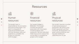 Resources
Human
resources
Financial
resources
The project team is
responsible for the successful
execution of the project. Our
team is composed of
experienced professionals
with the necessary skills and
expertise to complete the
project on time and
within budget
Our project budget is
$100,000. This budget
includes all expenses
associated with the project,
including salaries and
equipment. We have allocated
these resources to ensure that
we are able to complete the
project within budget
Our project requires a number
of specialized pieces of
equipment. We will be using
[insert equipment and their
functions]. All equipment is in
good working condition and
has been tested and
calibrated prior to use
Physical
resources
 