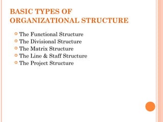 BASIC TYPES OF 
ORGANIZATIONAL STRUCTURE 
 The Functional Structure 
 The Divisional Structure 
 The Matrix Structure 
 The Line & Staff Structure 
 The Project Structure 
 