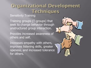 Sensitivity Training Training groups (T-groups) that seek to change behavior through unstructured group interaction. Provi...