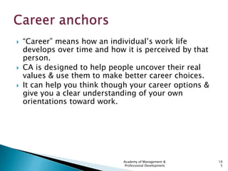    ―Career‖ means how an individual‘s work life
    develops over time and how it is perceived by that
    person.
   CA...