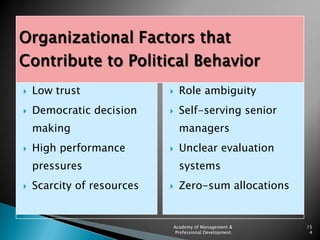    Low trust                  Role ambiguity
   Democratic decision        Self-serving senior
    making             ...